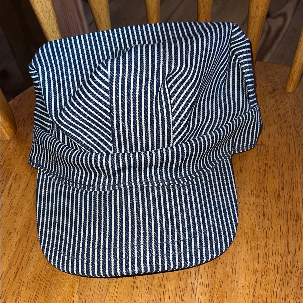 Vintage Train Conductor Hat Cap Mens Blue Hickory Railroad Striped Elastic USA